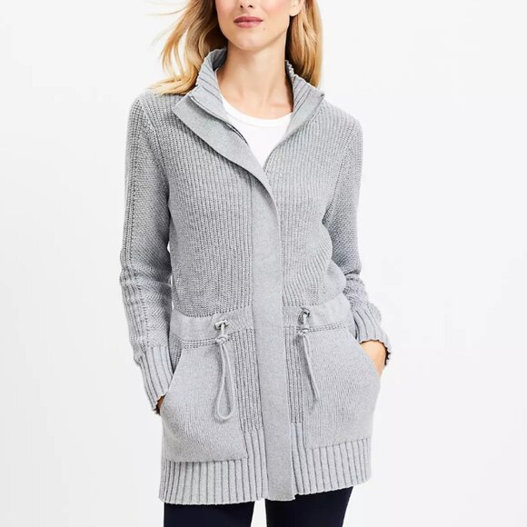 Lou & Grey Sweaters - Lou & Grey Drawstring Zip Up Pocket Cardigan Sweater Gray Chunky Knit
